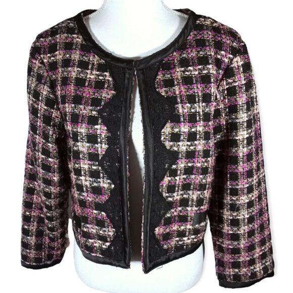 CHARLOTTE RUSSE BLACK, PINK, & WHITE TWEED CROP JACKET SZ. EST.M EUC - Picture 1 of 7
